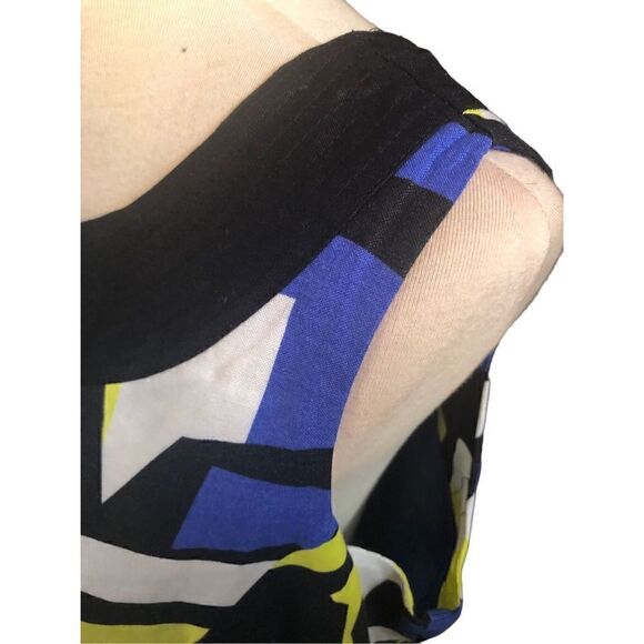 Ashley Stewart linen blend A line midi geometric design blue, yellow and black s - Picture 6 of 13